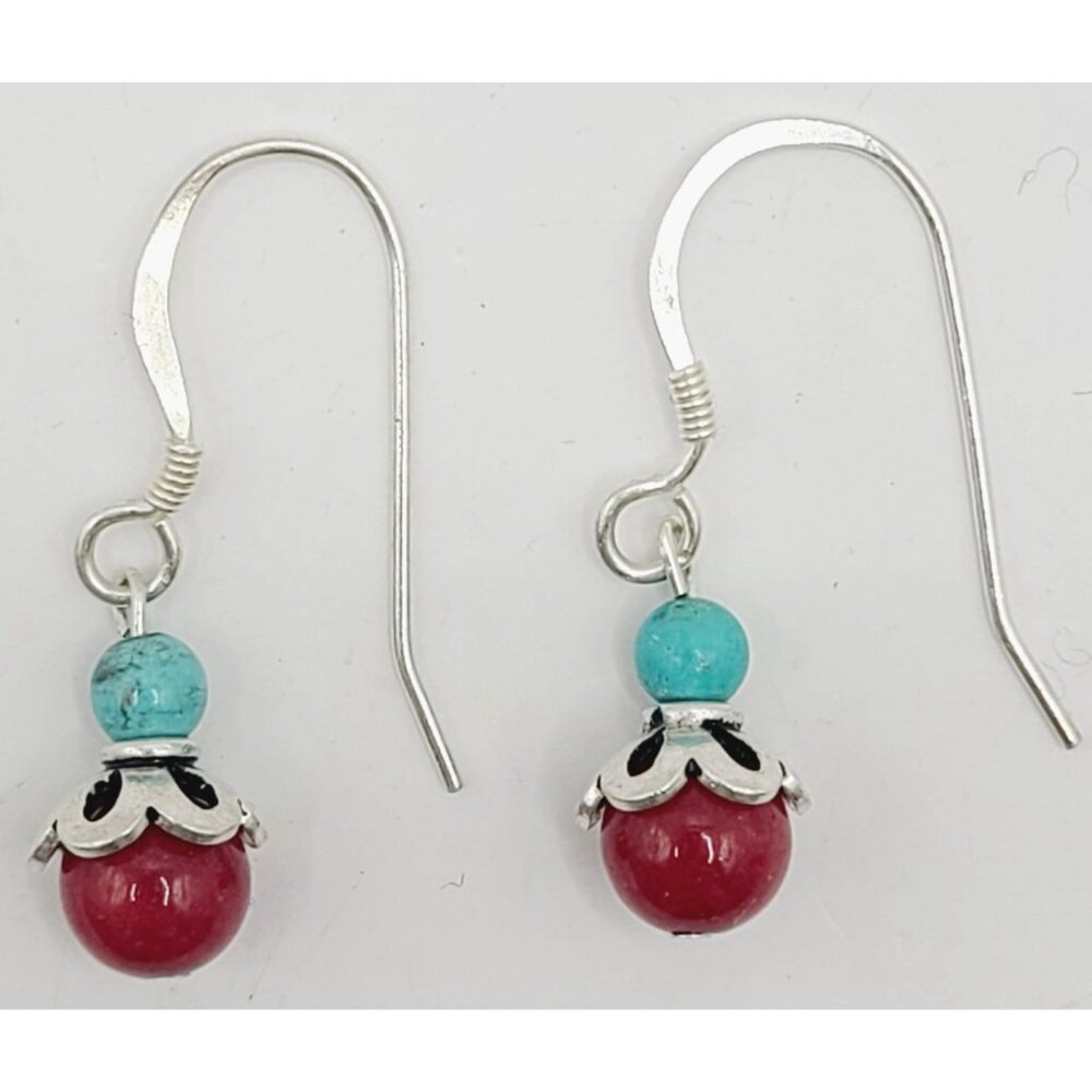 Vtg Southwestern Sterling Silver Turquoise & Coral Earrings 925 Hook Earrings - Picture 2 of 7